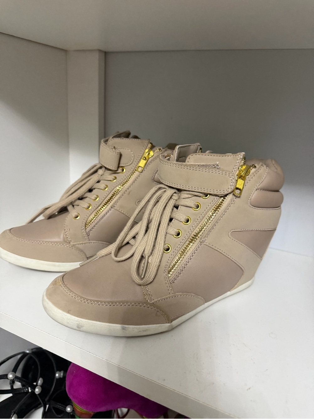 Aldo Beige Wedge High-Top Sneakers with Gold Zippers